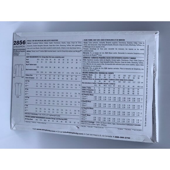 Simplicity Misses Top Sewing Pattern sz 6-14 2856 - uncut - Picture 2 of 2